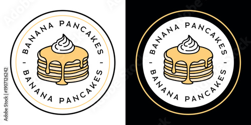 Banana pancakes flavor label logo round circular sticker for homemade packaging design illustration. Healthy pancake stack black outline drawing vintage retro aesthetic white background minimal print.