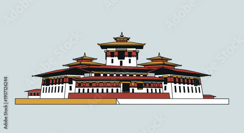 Traditional Bhutanese Dzong Architecture Minimalist Vector Illustration of Historic Temple