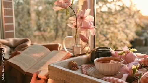 Cozy morning reading with tea and blooming magnolia flowers by the window