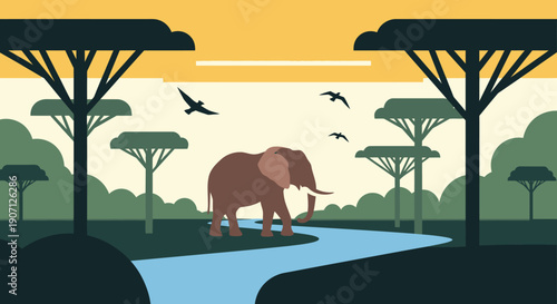 Majestic Elephant Journeying Through Vibrant African Savannah Landscape Art