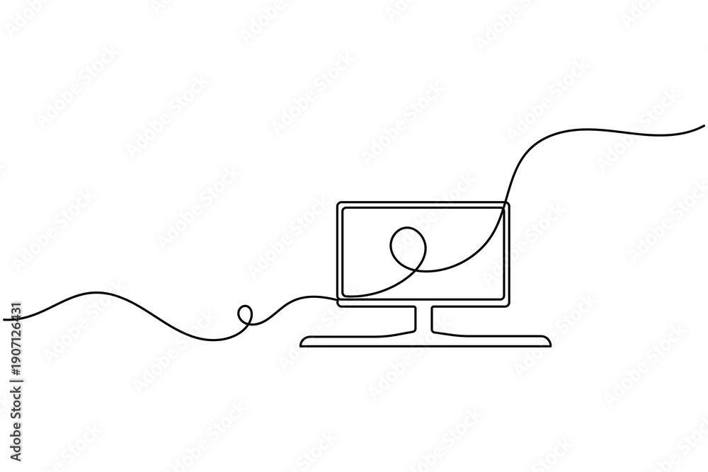 Obraz premium Desktop monitor screen continuous one line art drawing minimal technology design concepts