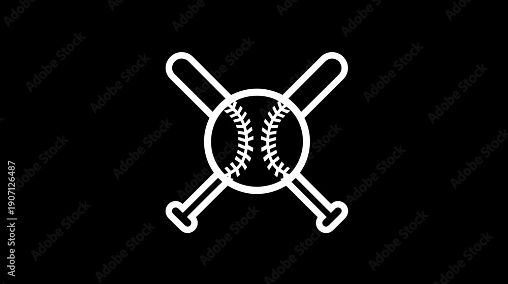 Fototapeta premium Black background with white outline baseball and bats, crossed over one another. Simple sport symbol