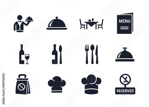 Collection of restaurant and food service icons in black silhouette style