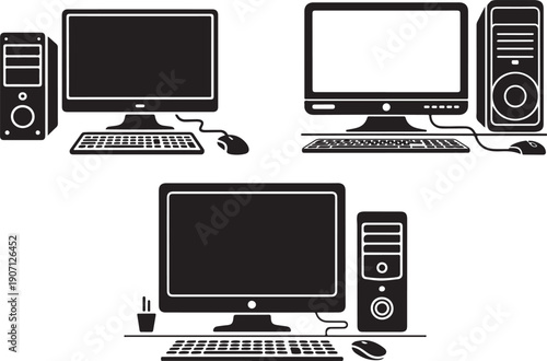 Three different computer setups with monitors, keyboards, and mice. Vector