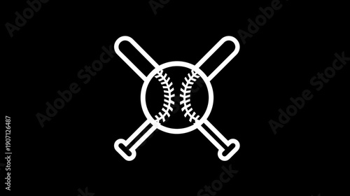 Black background with white outline baseball and bats, crossed over one another. Simple sport symbol