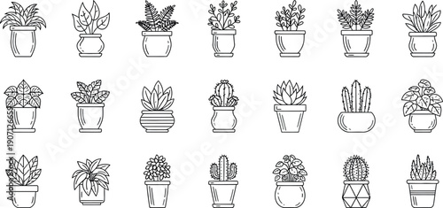 Collection of twenty distinct black and white line art icons representing various potted houseplants including leafy foliage and sculptural cacti for home decor illustrations