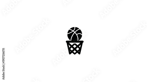 Black and white minimalist illustration of a basketball and hoop, centered on a white background