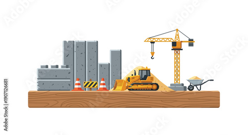 A bustling construction site scene featuring concrete blocks, a bulldozer, a tower crane, and traffic cones on a wooden platform.