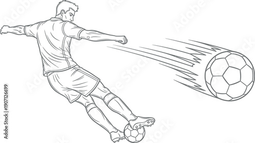 Outline drawing depicting a male soccer player powerfully kicking a football which travels quickly across the white background indicating a strong shot during a game or practice session