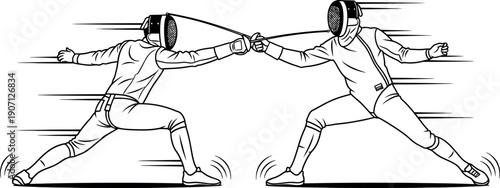 Dynamic black and white illustration of two determined fencers engaged in a fast-paced thrusting exchange during an intense and competitive sporting match moment