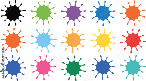 Colorful paint splatter icons set, abstract liquid splash shapes collection, vibrant ink blot elements for creative design projects