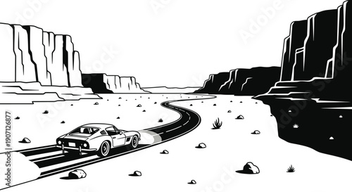 Vintage Sports Car Journey Through Majestic Desert Canyons Landscape