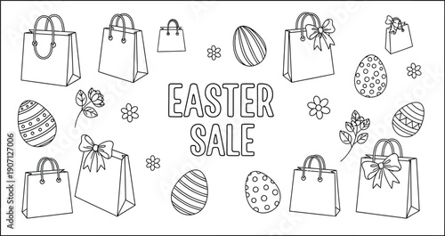 Black and white line art illustration featuring various shopping bags decorated with bows surrounded by patterned easter eggs and spring flowers advertising a major holiday sale event.