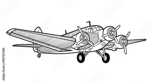 Detailed Vintage Multi Engine Propeller Transport Aircraft Line Art