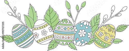 Row of five beautifully decorated pastel easter eggs nestled amongst fresh green spring leaves and blossoming pussy willow branches celebrating the arrival of the religious holiday.