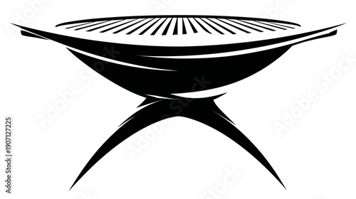 Stylized, symmetrical graphic representing a grill with a curved body, cross-legged stand, and a striped grill top