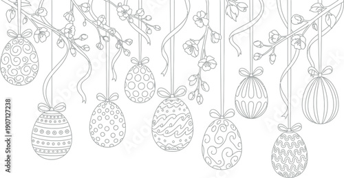 Coloring page featuring a collection of ornate easter eggs adorned with various intricate patterns hanging from delicate flowering spring branches with flowing ribbons.