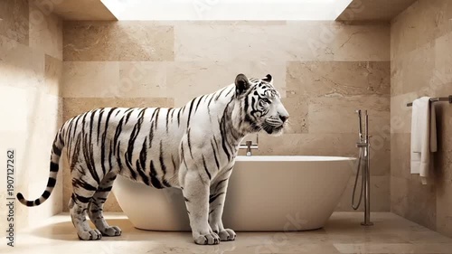 A white tiger standing beside a freestanding bathtub in a modern bathroom with beige tile walls and floor.