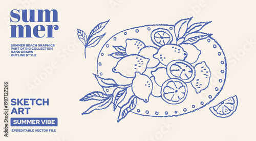 Lemon illustration sketch. Fruit line doodle plate. Majolica, Amalfi, Sicily lemons outline vintage drawing. Hand drawn fruit and slice icon. Summer doodle vector. Italian citrus plate with leaf