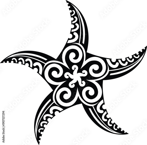 Maori starfish animal tribal graphic tattoo or symbol. Samoan warrior graphic symbol, Polynesian abstract decoration. Maori tribe folk tattoo
