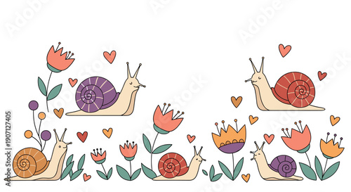 Charming border illustration with cute snails, colorful tulip flowers, and small hearts for a sweet nature themed greeting card design.