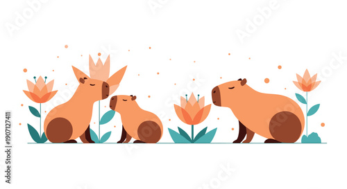 Simple capybara family illustration featuring three cute animals and stylized orange lotus flowers with blue leaves on a white background.
