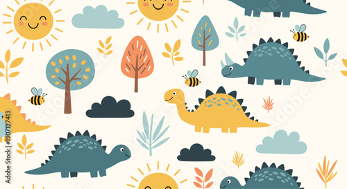 Cheerful dinosaur seamless pattern featuring cute prehistoric animals, smiling suns, buzzing bees, and autumn trees on a cream background.