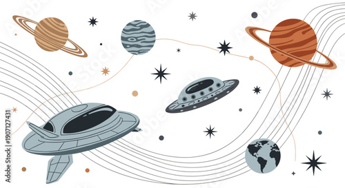 Whimsical space travel illustration featuring retro ufo saucers, distant planets, and starry orbital paths on a clean white background.