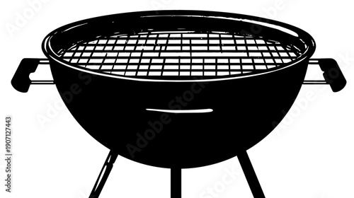 A black and white illustration of a round barbecue grill on three legs with handles