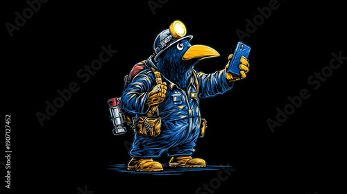 A cartoon crow miner takes a selfie, giving a thumbs up. A lamp adorns his helmet, dark background