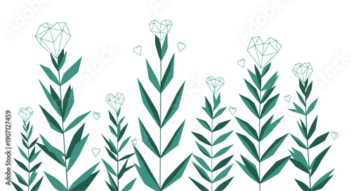 Modern abstract illustration of tall green plants with geometric diamond heart shapes at the tips growing from the bottom on a white base.