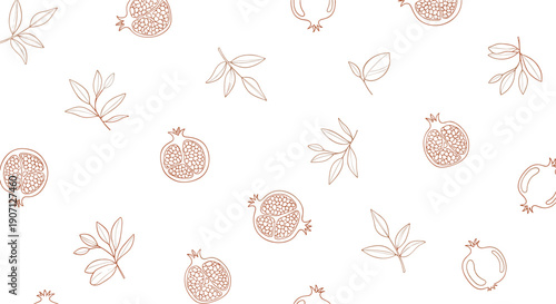 Artistic pomegranate fruit and leafy branch pattern is rendered in a delicate brown line art style over a clean white space.