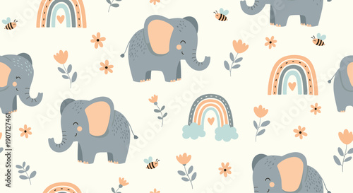 Sweet elephant seamless pattern featuring cute grey animals with pink ears, colorful rainbows, bees, and flowers on a cream background.