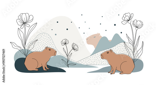 Artistic capybara illustration with two animals in a stylized landscape of mountains, dotted hills, and large line art flower blooms.