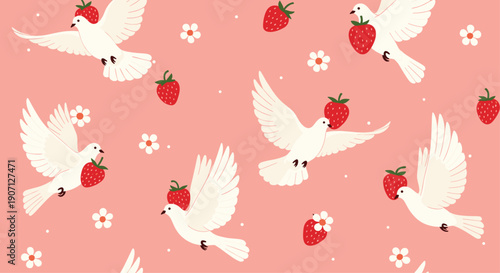 Whimsical pattern displays white doves flying through the air while carrying ripe red strawberries on a soft pink background.
