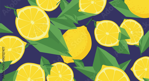 Refreshing summer pattern showcases sliced and whole bright yellow lemons with green leaves over a dark blue background texture.