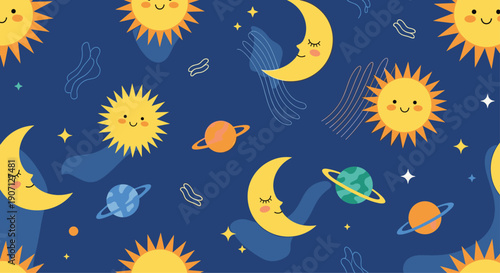 Educational outer space pattern for children depicts smiling suns, crescent moons, and colorful planets on a dark blue canvas.