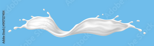Milk, yogurt or cream wave splash with drops. Realistic 3d vector white fluid dairy product flow with splatters. Liquid milky dessert stream, fresh food, calcium production texture or pour paint drop