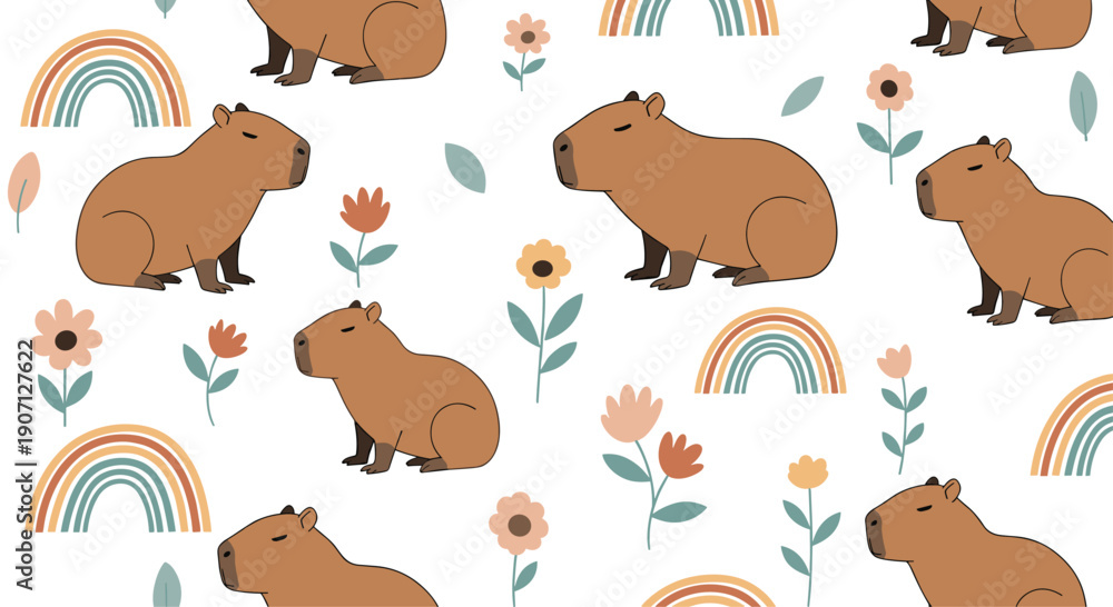 Fototapeta premium Delightful pattern displays capybaras sitting among colorful rainbows and spring flowers on a minimalist white background.