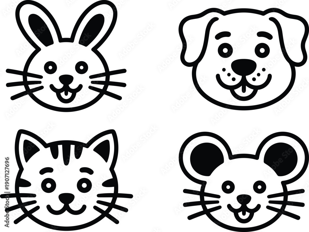 Obraz premium Hand-drawn cartoon animal faces icons, rabbit, dog, cat, mouse, round faces, expressive eyes, smiling mouths, children’s playful educational illustration concept