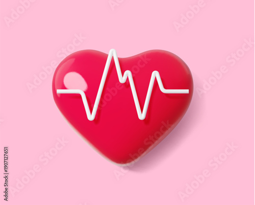 3d heart pressure icon, heartbeat cardiogram, health check. Red glossy heart medical symbol of pulse, health care and heartbeat monitoring. Vector heart and pulse medicine wellness and vital life sign