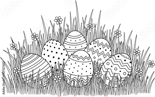 Adorable black and white line art illustration featuring several patterned easter eggs nestled secretly within tall blades of grass surrounded by small springtime flowers ready for coloring.