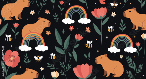 Whimsical seamless pattern of capybaras, rainbows, flowers, and bees on a dark background for unique textile designs.