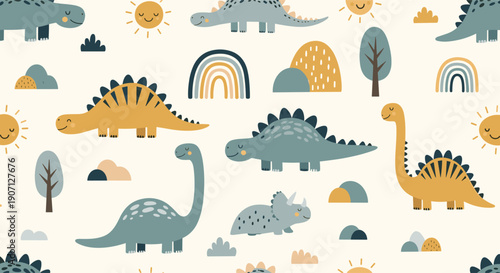 Playful seamless pattern with cute dinosaurs, rainbows, suns, and trees in soft blue and yellow tones for nursery.
