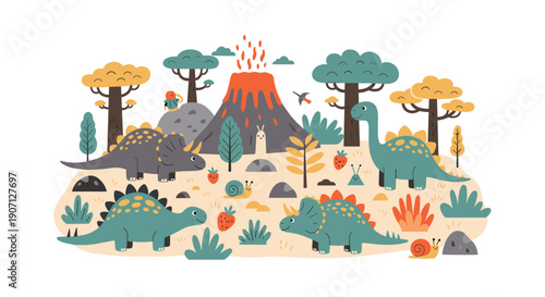 Panoramic cartoon illustration of a prehistoric world with dinosaurs, trees, and a smoking volcano for nursery decor.