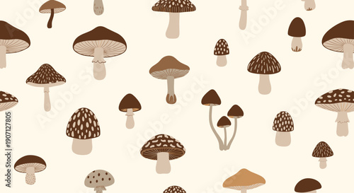 Charming seamless pattern of different mushroom species in earthy tones of brown and tan scattered across a light cream background decor.