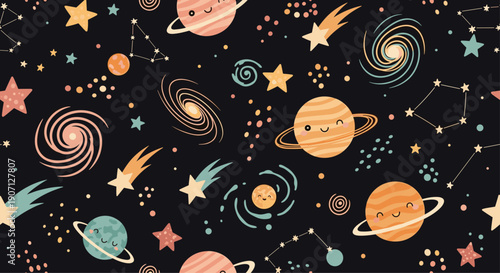 Adorable outer space seamless pattern featuring smiling planets, twinkling stars, and swirling galaxies on a dark black background.