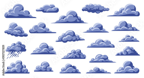 Comprehensive collection of stylized blue cloud illustrations in various shapes and sizes including one with rain on a white background layout.