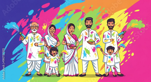 Indian family celebrating Holi festival colorful powder paint splashes traditional clothing vector illustration for cultural events