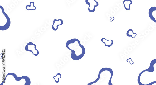 Abstract seamless pattern with organic blue blob shapes and fluid forms scattered across a minimalist white background for modern design.